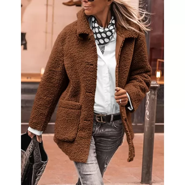 PRETTYGARDEN Womens Winter Faux Fur Coats Long Sleeve Lapel Button Down Pockets Fleece Sherpa Jacket Casual Trendy OuterwearBrown