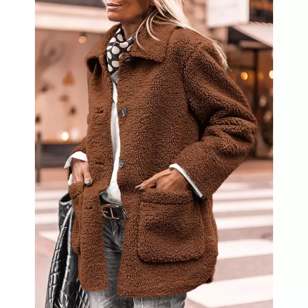 PRETTYGARDEN Womens Winter Faux Fur Coats Long Sleeve Lapel Button Down Pockets Fleece Sherpa Jacket Casual Trendy OuterwearBrown
