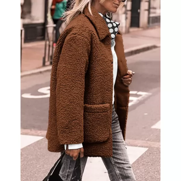 PRETTYGARDEN Womens Winter Faux Fur Coats Long Sleeve Lapel Button Down Pockets Fleece Sherpa Jacket Casual Trendy OuterwearBrown
