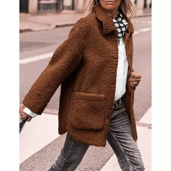 PRETTYGARDEN Womens Winter Faux Fur Coats Long Sleeve Lapel Button Down Pockets Fleece Sherpa Jacket Casual Trendy OuterwearBrown
