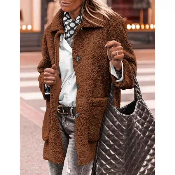 PRETTYGARDEN Womens Winter Faux Fur Coats Long Sleeve Lapel Button Down Pockets Fleece Sherpa Jacket Casual Trendy OuterwearBrown