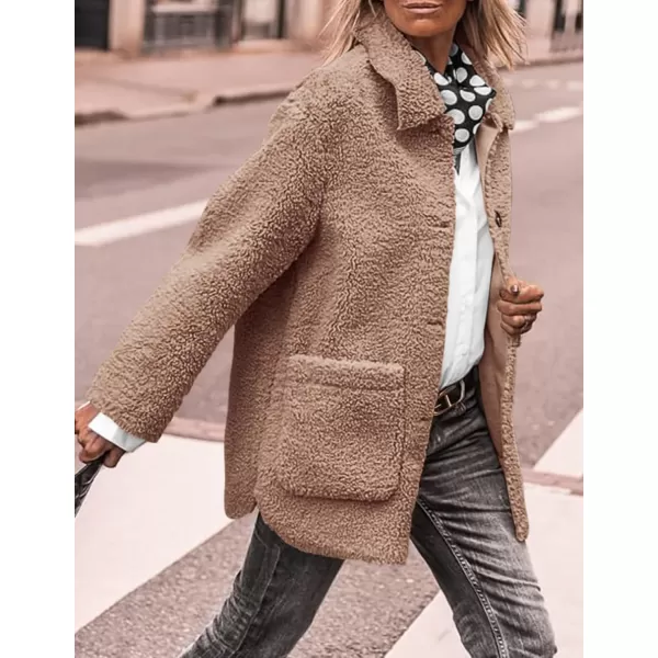 PRETTYGARDEN Womens Winter Faux Fur Coats Long Sleeve Lapel Button Down Pockets Fleece Sherpa Jacket Casual Trendy OuterwearCamel