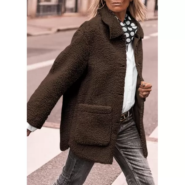 PRETTYGARDEN Womens Winter Faux Fur Coats Long Sleeve Lapel Button Down Pockets Fleece Sherpa Jacket Casual Trendy OuterwearCoffee