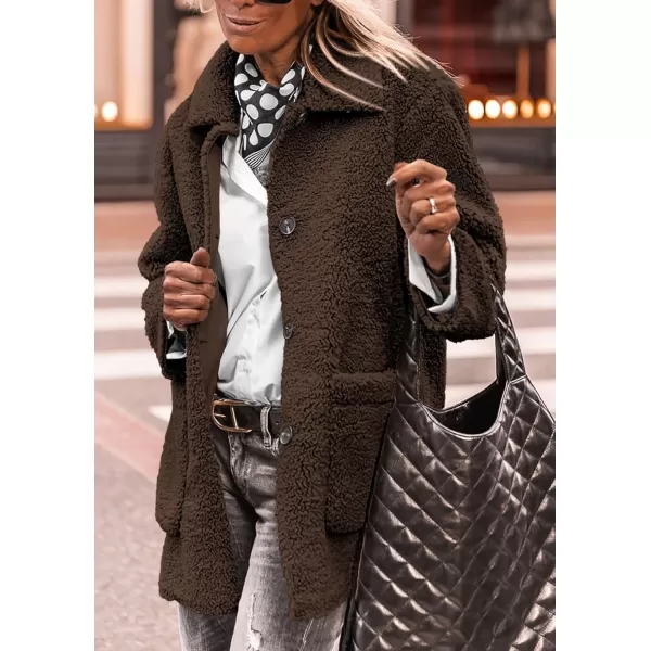 PRETTYGARDEN Womens Winter Faux Fur Coats Long Sleeve Lapel Button Down Pockets Fleece Sherpa Jacket Casual Trendy OuterwearCoffee