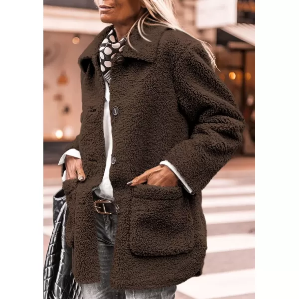 PRETTYGARDEN Womens Winter Faux Fur Coats Long Sleeve Lapel Button Down Pockets Fleece Sherpa Jacket Casual Trendy OuterwearCoffee