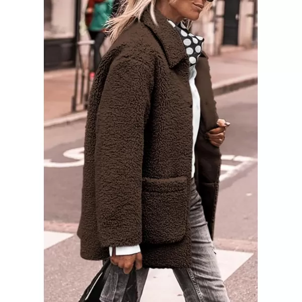 PRETTYGARDEN Womens Winter Faux Fur Coats Long Sleeve Lapel Button Down Pockets Fleece Sherpa Jacket Casual Trendy OuterwearCoffee