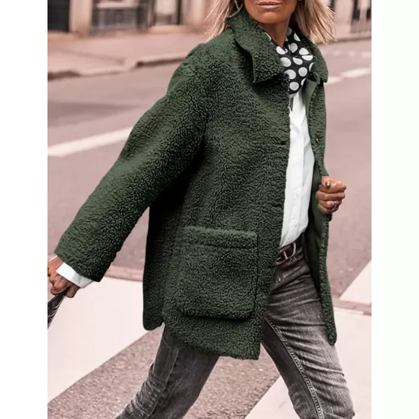 PRETTYGARDEN Womens Winter Faux Fur Coats Long Sleeve Lapel Button Down Pockets Fleece Sherpa Jacket Casual Trendy OuterwearDark Army Green