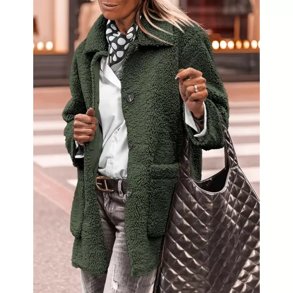 PRETTYGARDEN Womens Winter Faux Fur Coats Long Sleeve Lapel Button Down Pockets Fleece Sherpa Jacket Casual Trendy OuterwearDark Army Green