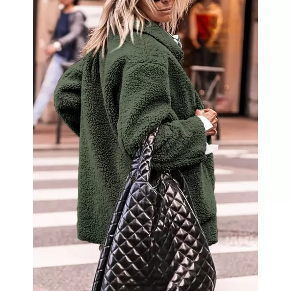 PRETTYGARDEN Womens Winter Faux Fur Coats Long Sleeve Lapel Button Down Pockets Fleece Sherpa Jacket Casual Trendy OuterwearDark Army Green