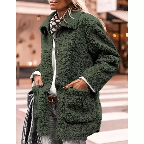 PRETTYGARDEN Womens Winter Faux Fur Coats Long Sleeve Lapel Button Down Pockets Fleece Sherpa Jacket Casual Trendy OuterwearDark Army Green