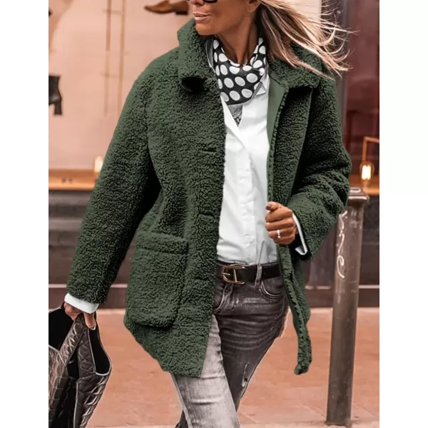 PRETTYGARDEN Womens Winter Faux Fur Coats Long Sleeve Lapel Button Down Pockets Fleece Sherpa Jacket Casual Trendy OuterwearDark Army Green