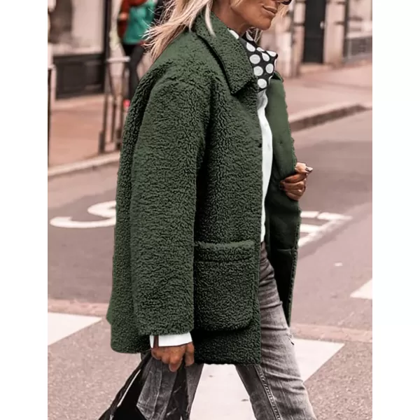 PRETTYGARDEN Womens Winter Faux Fur Coats Long Sleeve Lapel Button Down Pockets Fleece Sherpa Jacket Casual Trendy OuterwearDark Army Green