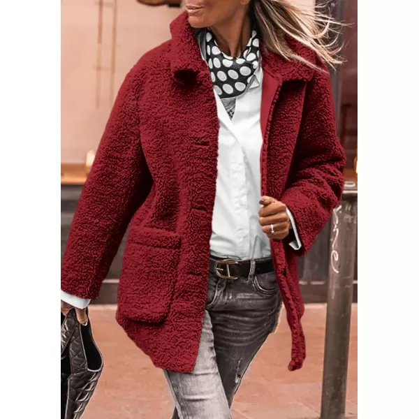 PRETTYGARDEN Womens Winter Faux Fur Coats Long Sleeve Lapel Button Down Pockets Fleece Sherpa Jacket Casual Trendy OuterwearJujube Red