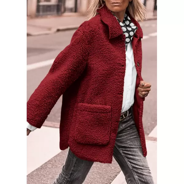 PRETTYGARDEN Womens Winter Faux Fur Coats Long Sleeve Lapel Button Down Pockets Fleece Sherpa Jacket Casual Trendy OuterwearJujube Red