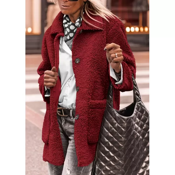 PRETTYGARDEN Womens Winter Faux Fur Coats Long Sleeve Lapel Button Down Pockets Fleece Sherpa Jacket Casual Trendy OuterwearJujube Red