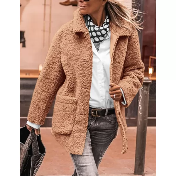 PRETTYGARDEN Womens Winter Faux Fur Coats Long Sleeve Lapel Button Down Pockets Fleece Sherpa Jacket Casual Trendy OuterwearKhaki