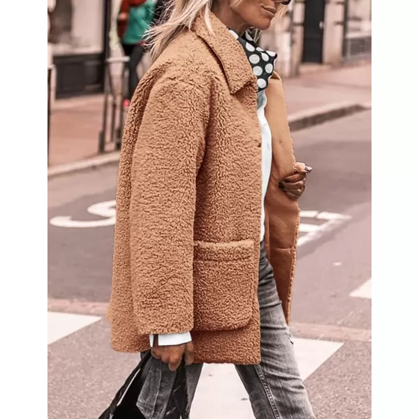 PRETTYGARDEN Womens Winter Faux Fur Coats Long Sleeve Lapel Button Down Pockets Fleece Sherpa Jacket Casual Trendy OuterwearKhaki