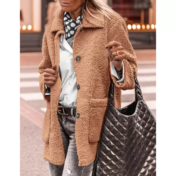 PRETTYGARDEN Womens Winter Faux Fur Coats Long Sleeve Lapel Button Down Pockets Fleece Sherpa Jacket Casual Trendy OuterwearKhaki