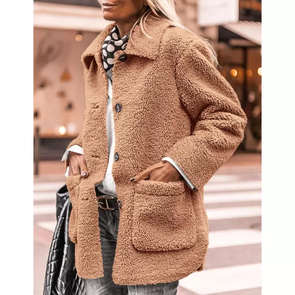 PRETTYGARDEN Womens Winter Faux Fur Coats Long Sleeve Lapel Button Down Pockets Fleece Sherpa Jacket Casual Trendy OuterwearKhaki
