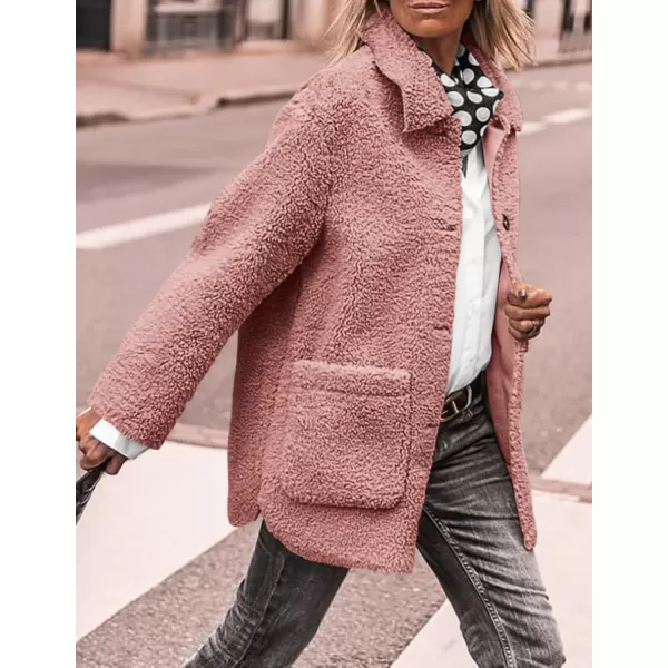 PRETTYGARDEN Womens Winter Faux Fur Coats Long Sleeve Lapel Button Down Pockets Fleece Sherpa Jacket Casual Trendy OuterwearPink
