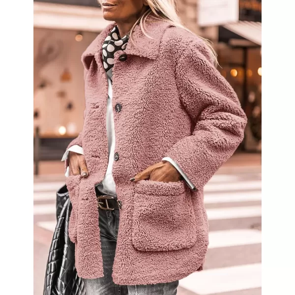 PRETTYGARDEN Womens Winter Faux Fur Coats Long Sleeve Lapel Button Down Pockets Fleece Sherpa Jacket Casual Trendy OuterwearPink