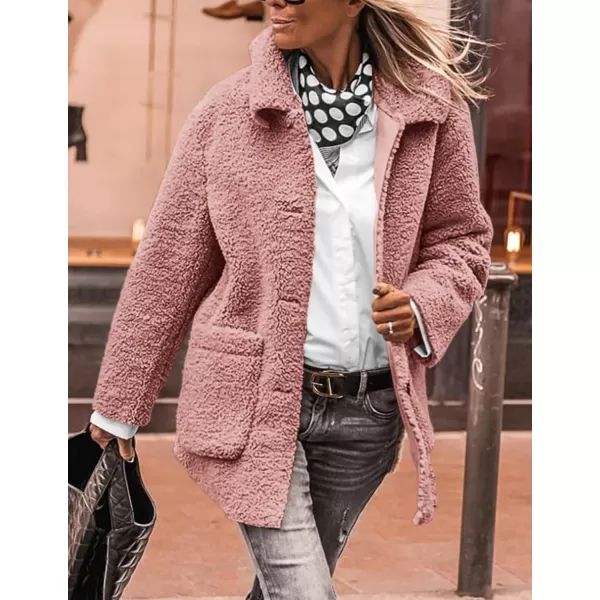 PRETTYGARDEN Womens Winter Faux Fur Coats Long Sleeve Lapel Button Down Pockets Fleece Sherpa Jacket Casual Trendy OuterwearPink