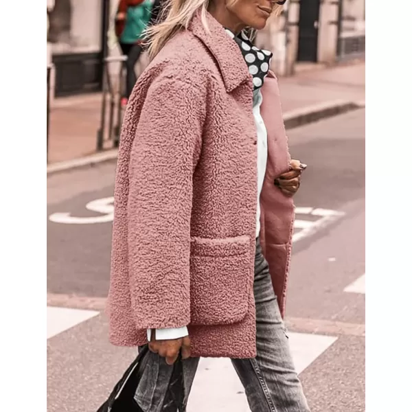 PRETTYGARDEN Womens Winter Faux Fur Coats Long Sleeve Lapel Button Down Pockets Fleece Sherpa Jacket Casual Trendy OuterwearPink
