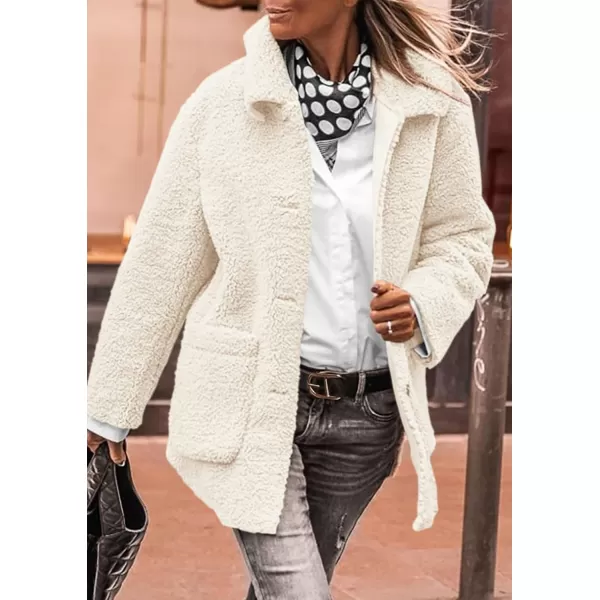PRETTYGARDEN Womens Winter Faux Fur Coats Long Sleeve Lapel Button Down Pockets Fleece Sherpa Jacket Casual Trendy OuterwearWhite