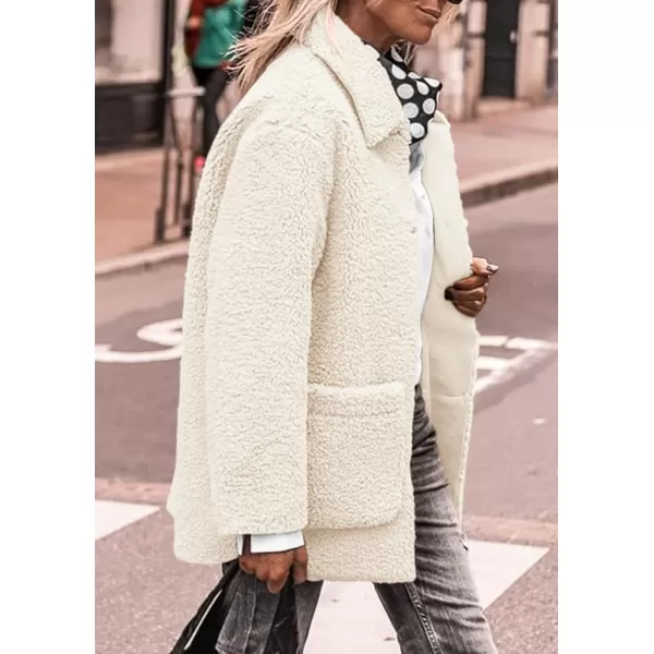 PRETTYGARDEN Womens Winter Faux Fur Coats Long Sleeve Lapel Button Down Pockets Fleece Sherpa Jacket Casual Trendy OuterwearWhite