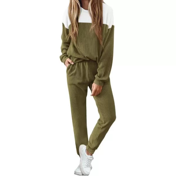 PRETTYGARDEN Lounge Sets for Women Fall 2024 Matching Sets 2 Piece Outfit Long Sleeve Ribbed Color Block SweatsuitsArmy Green