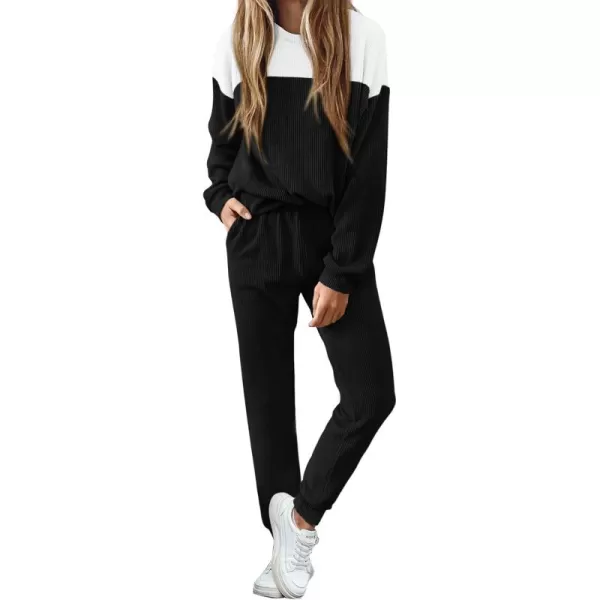 PRETTYGARDEN Lounge Sets for Women Fall 2024 Matching Sets 2 Piece Outfit Long Sleeve Ribbed Color Block SweatsuitsBlack