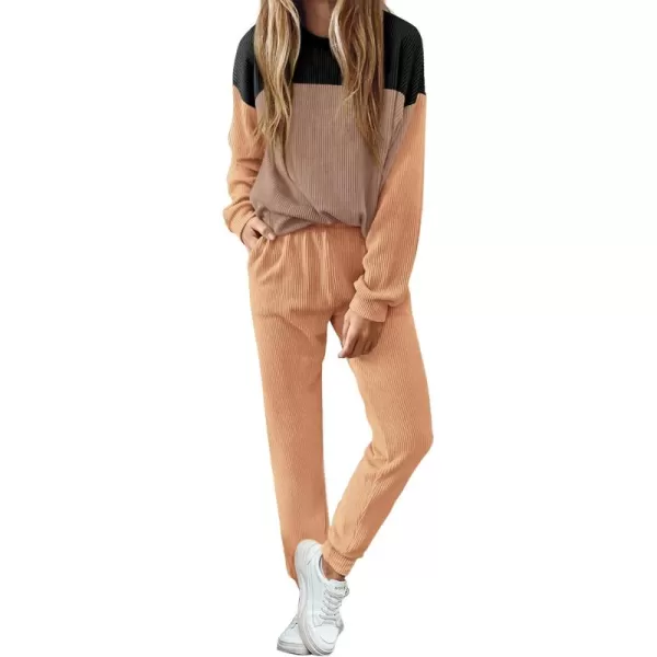 PRETTYGARDEN Lounge Sets for Women Fall 2024 Matching Sets 2 Piece Outfit Long Sleeve Ribbed Color Block SweatsuitsBlack Brown Apricot
