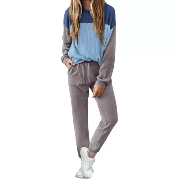 PRETTYGARDEN Lounge Sets for Women Fall 2024 Matching Sets 2 Piece Outfit Long Sleeve Ribbed Color Block SweatsuitsBlue Grey
