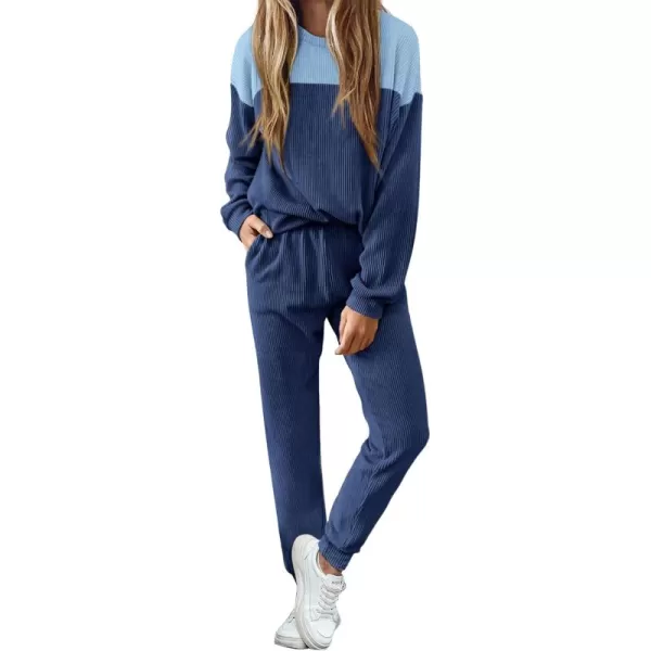 PRETTYGARDEN Lounge Sets for Women Fall 2024 Matching Sets 2 Piece Outfit Long Sleeve Ribbed Color Block SweatsuitsDark Blue