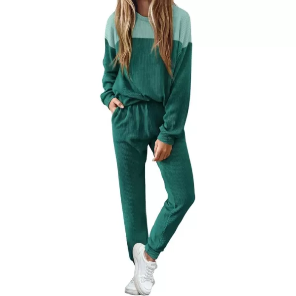 PRETTYGARDEN Lounge Sets for Women Fall 2024 Matching Sets 2 Piece Outfit Long Sleeve Ribbed Color Block SweatsuitsDark Green