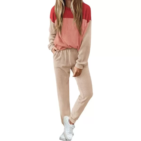 PRETTYGARDEN Lounge Sets for Women Fall 2024 Matching Sets 2 Piece Outfit Long Sleeve Ribbed Color Block SweatsuitsRed Beige