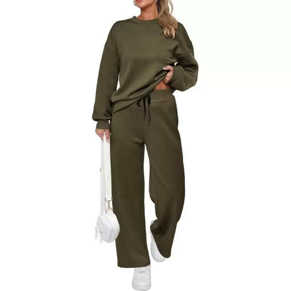 PRETTYGARDEN Womens 2 Piece Outfits 2024 Fall Long Sleeve Pullover Tops And Long Pants Lounge Sets TracksuitArmy Green