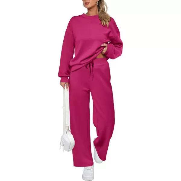 PRETTYGARDEN Womens 2 Piece Outfits 2024 Fall Long Sleeve Pullover Tops And Long Pants Lounge Sets TracksuitRose Red