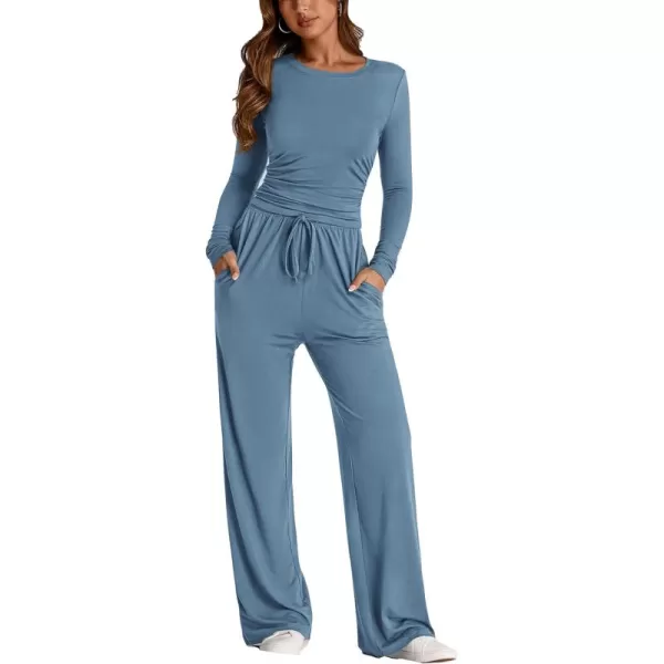 PRETTYGARDEN Womens Fall Two Piece Outfits Track Suits Long Sleeve Crop Tops Tee Shirts Wide Leg Pants Matching Lounge SetsMist Blue