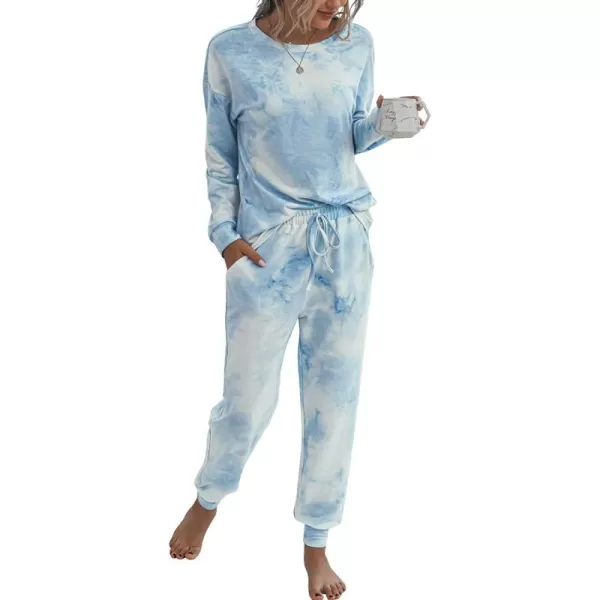 PRETTYGARDEN Womens Tie Dye Two Piece Pajamas Set Casual Long Sleeve Sweatshirt with Long Pants LoungewearBlue