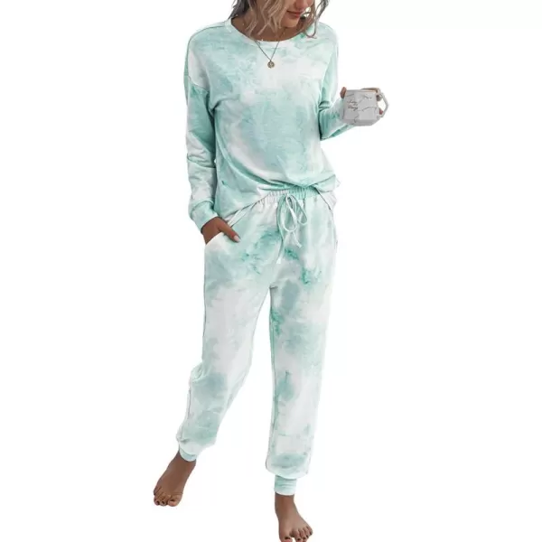 PRETTYGARDEN Womens Tie Dye Two Piece Pajamas Set Casual Long Sleeve Sweatshirt with Long Pants LoungewearGreen
