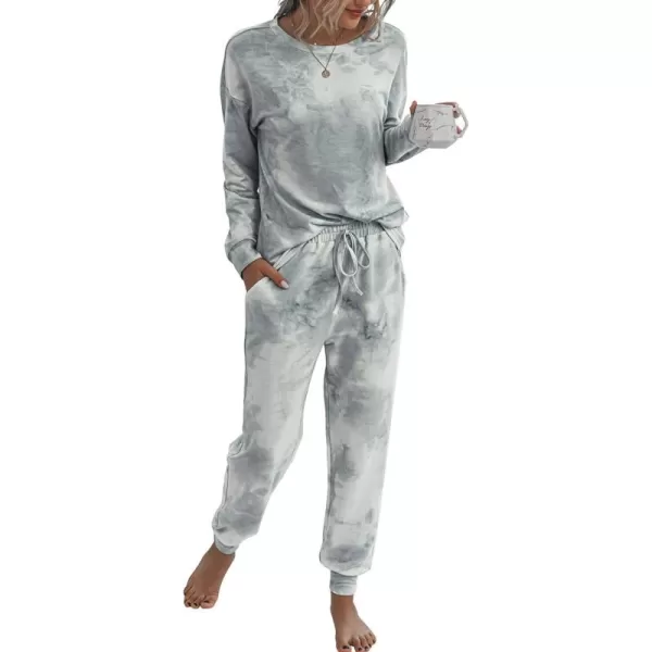 PRETTYGARDEN Womens Tie Dye Two Piece Pajamas Set Casual Long Sleeve Sweatshirt with Long Pants LoungewearGrey