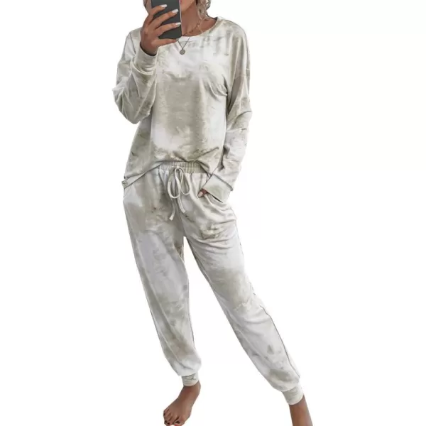 PRETTYGARDEN Womens Tie Dye Two Piece Pajamas Set Casual Long Sleeve Sweatshirt with Long Pants LoungewearKhaki