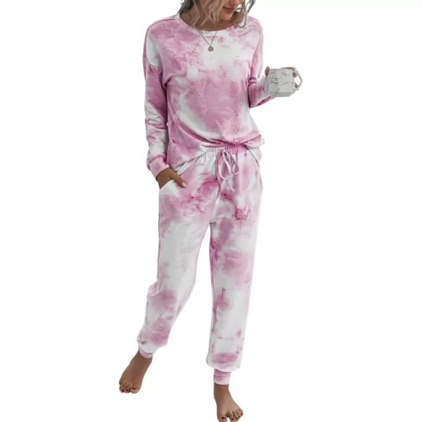PRETTYGARDEN Womens Tie Dye Two Piece Pajamas Set Casual Long Sleeve Sweatshirt with Long Pants LoungewearPink
