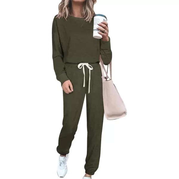 PRETTYGARDEN Womens Tie Dye Two Piece Pajamas Set Casual Long Sleeve Sweatshirt with Long Pants LoungewearSolid Army Green
