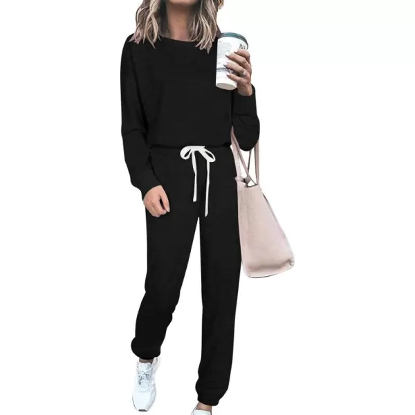 PRETTYGARDEN Womens Tie Dye Two Piece Pajamas Set Casual Long Sleeve Sweatshirt with Long Pants LoungewearSolid Black
