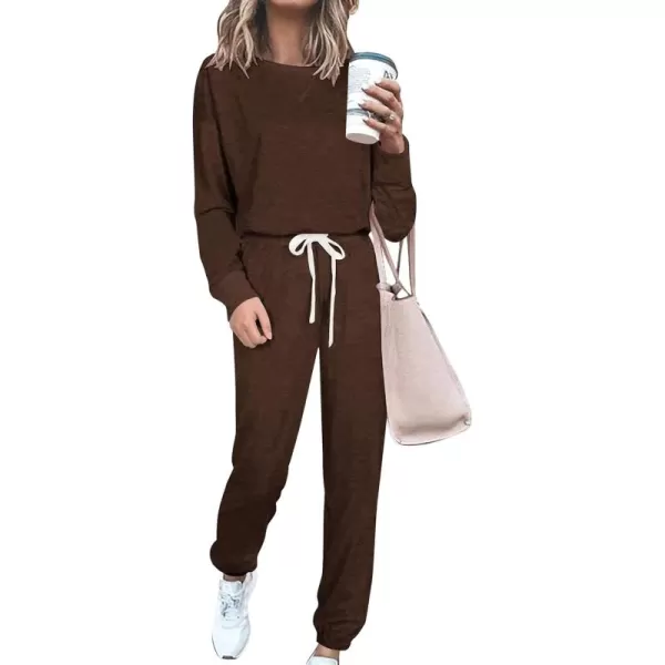 PRETTYGARDEN Womens Tie Dye Two Piece Pajamas Set Casual Long Sleeve Sweatshirt with Long Pants LoungewearSolid Coffee