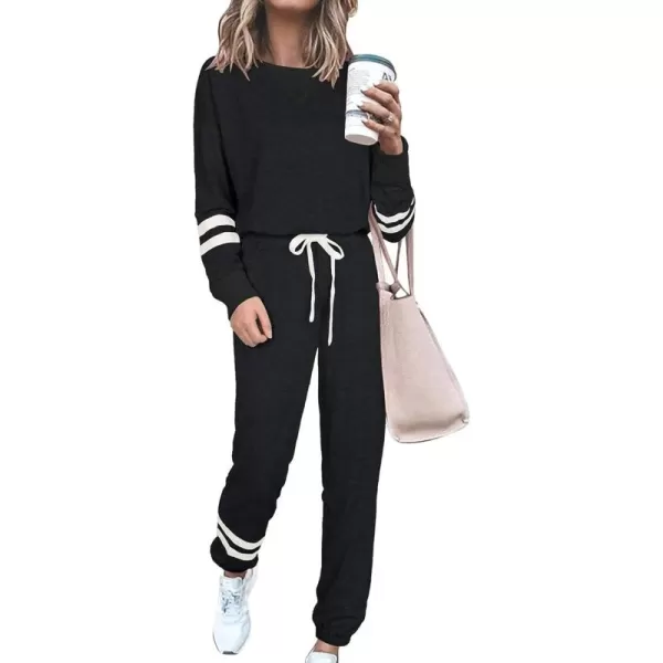 PRETTYGARDEN Womens Tie Dye Two Piece Pajamas Set Casual Long Sleeve Sweatshirt with Long Pants LoungewearStriped Black