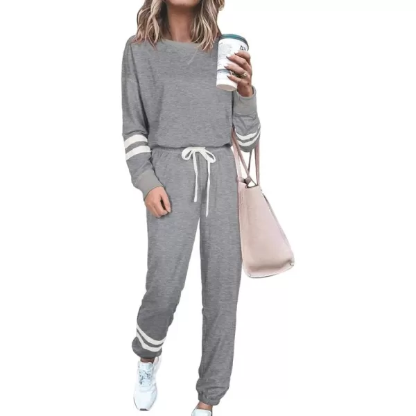 PRETTYGARDEN Womens Tie Dye Two Piece Pajamas Set Casual Long Sleeve Sweatshirt with Long Pants LoungewearStriped Grey