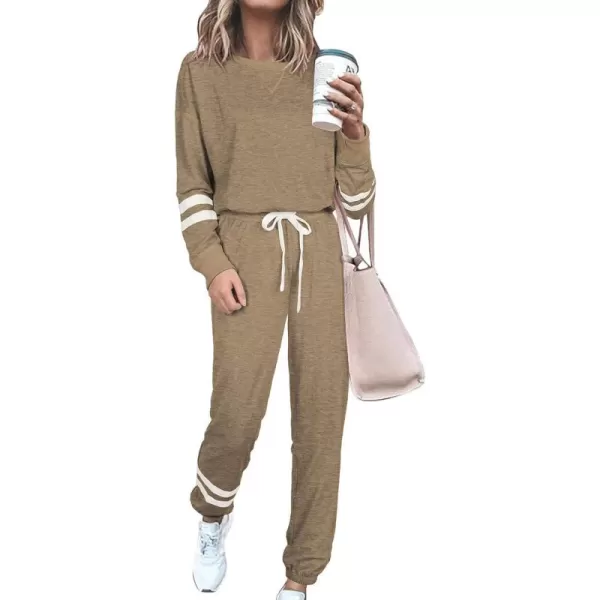 PRETTYGARDEN Womens Tie Dye Two Piece Pajamas Set Casual Long Sleeve Sweatshirt with Long Pants LoungewearStriped Khaki